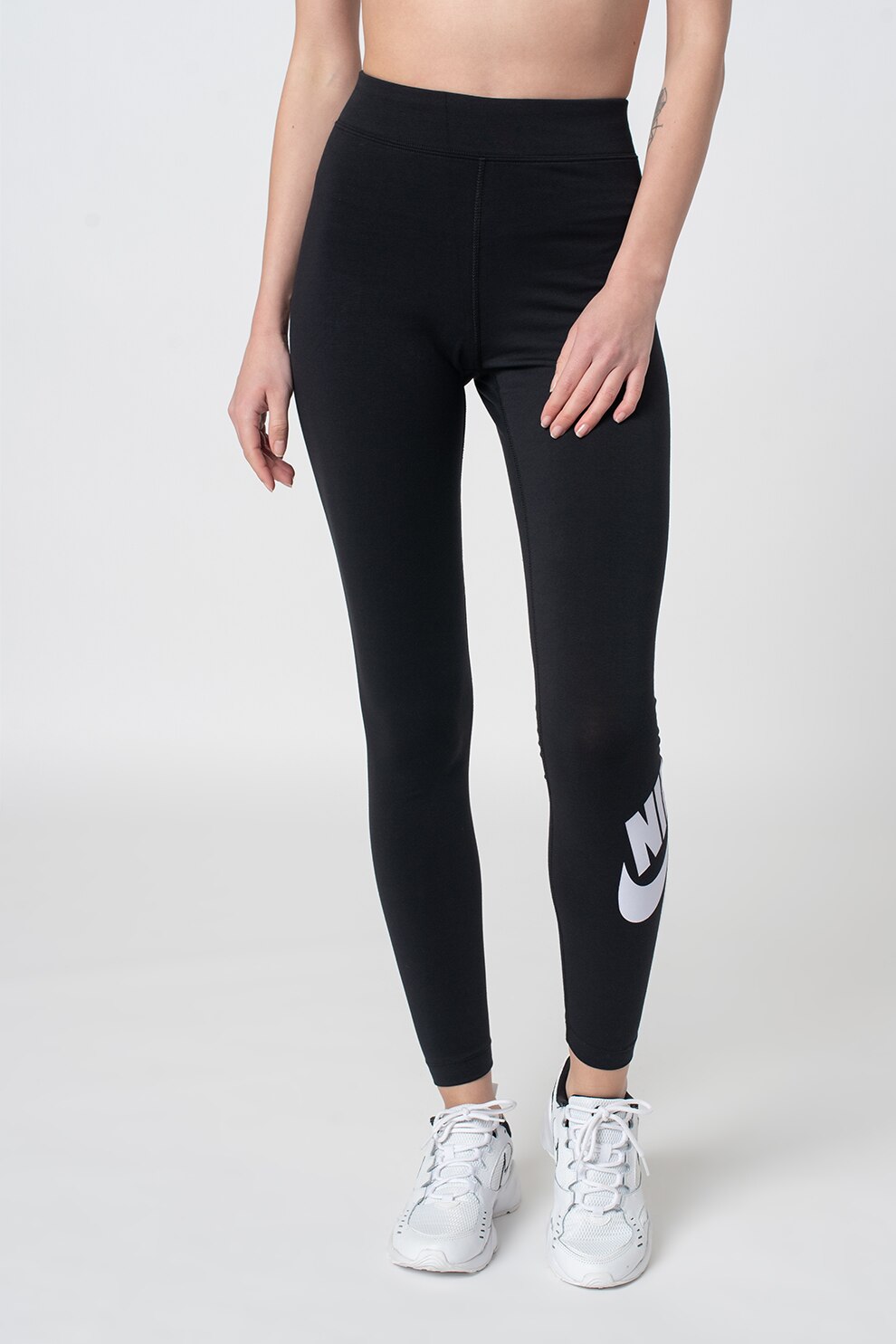 Nike, Colanti cu logo si talie inalta pentru fitness, Negru/Alb